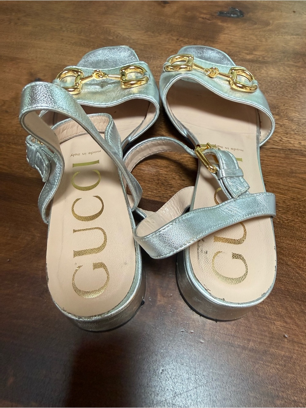 Gucci Horsebit Metallic Silver Ankle Strap Sandals - Picture 6 of 12